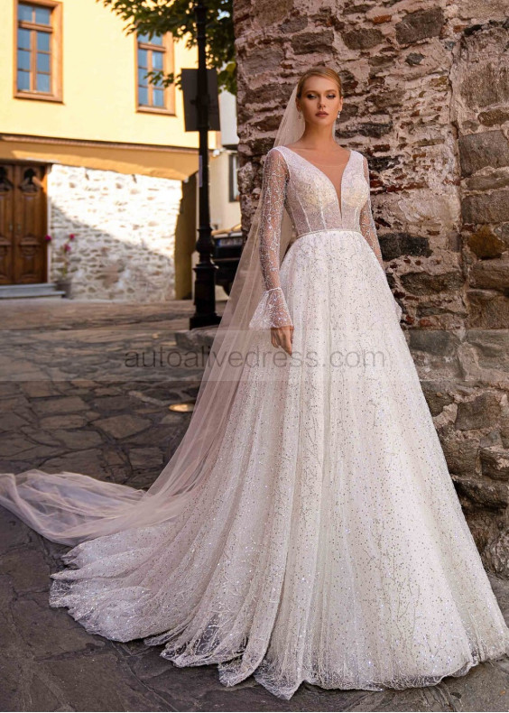 Long Sleeves Beaded Ivory Lace Tulle Timeless Wedding Dress